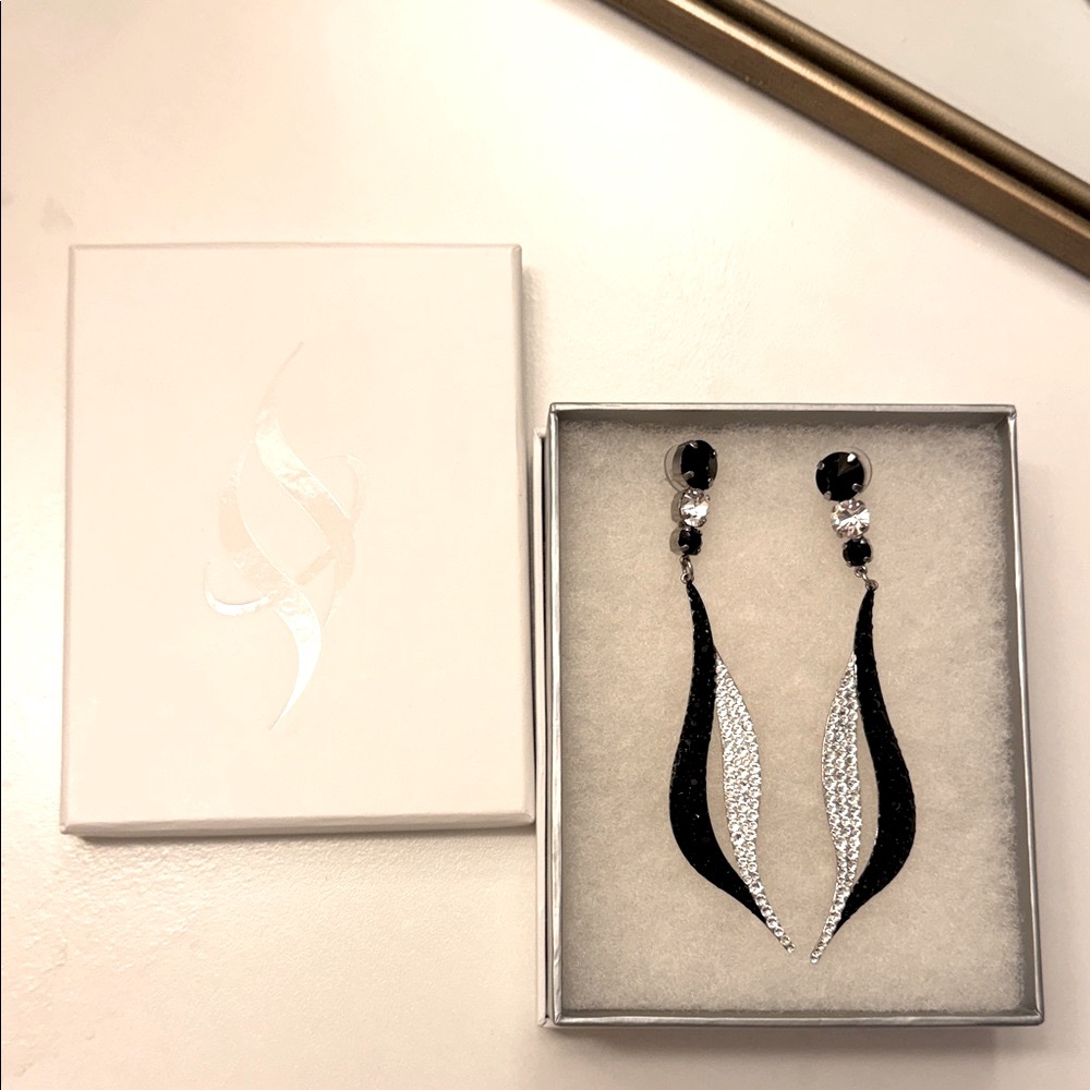 Stefanie Somers Black and Silver Drop Earrings with Crystal Accent